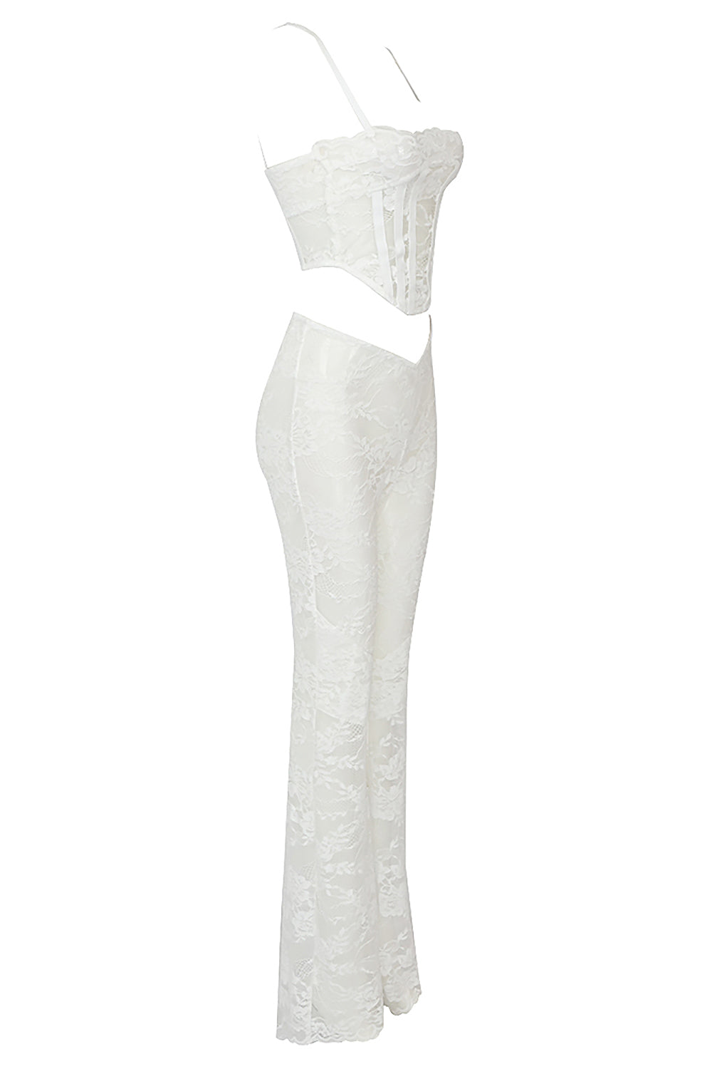 Ensemble trois pièces en dentelle blanche transparente, haut corset, manteau plumeau et pantalon assorti