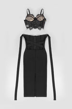 Two Piece Lace Corset Top Bodycon Midi Bandage Dress In Black