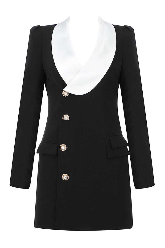 White Lapel Long Sleeve Single Breasted Black Dress - Chicida