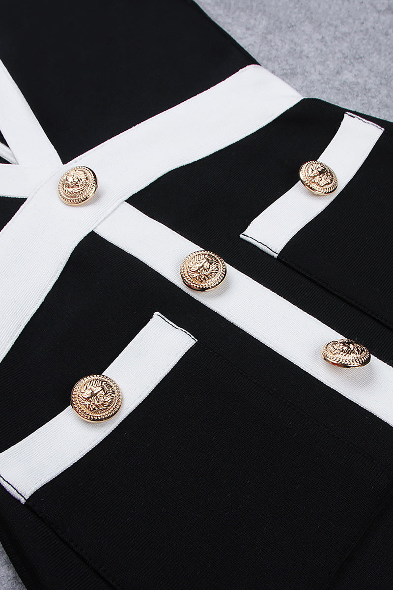 Black Deep V Short Sleeve Tassel Bandage Dress - Chicida