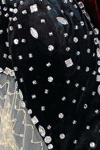 Robe longue irrégulière sans bretelles en velours et maille cristal