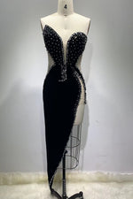 Velvet Strapless Crystal Mesh Irregular Maxi Dress