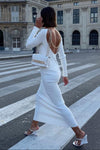 White Backless Chain Long Sleeve Midi Bandage Dress - Chicida