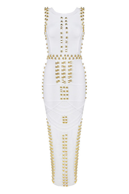 Luxurious Gold Studded Long Bandage Maxi Dress In White Black - CHICIDA