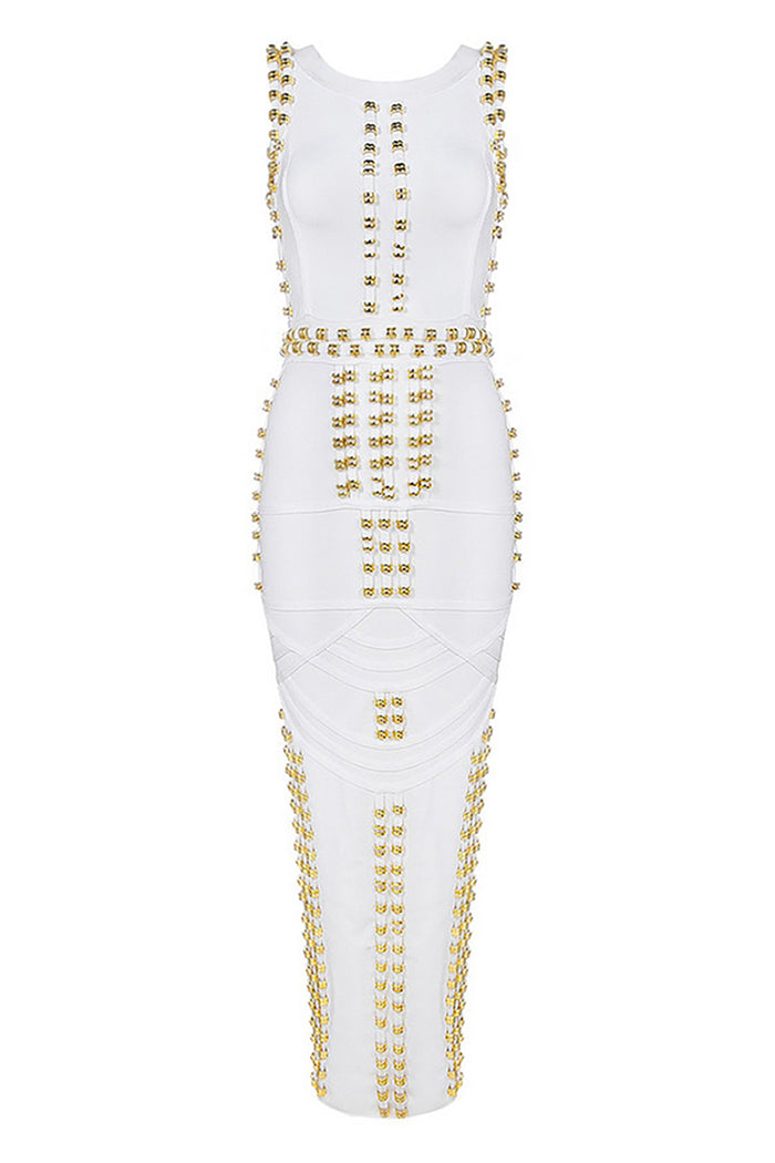 Luxurious Gold Studded Long Bandage Maxi Dress In White Black - CHICIDA