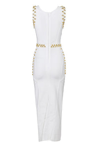 Luxurious Gold Studded Long Bandage Maxi Dress In White Black - CHICIDA