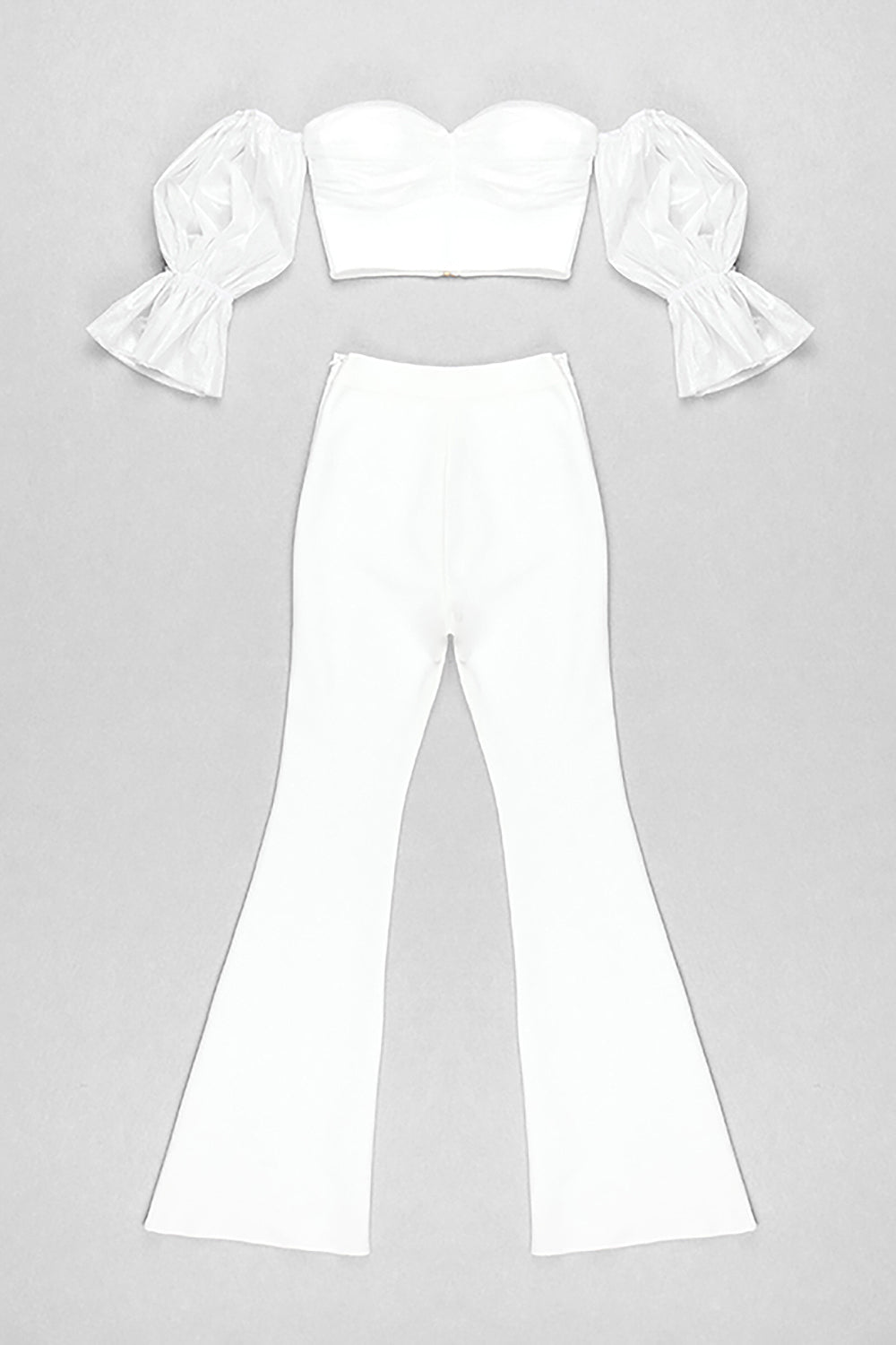 White Card Shoulder Baller Sleeves Crop Top And High Waist Flare Trousers Two Piece Set - Chicida