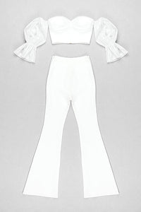 White Card Shoulder Baller Sleeves Crop Top And High Waist Flare Trousers Two Piece Set - Chicida