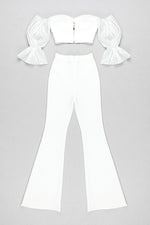 White Card Shoulder Baller Sleeves Crop Top And High Waist Flare Trousers Two Piece Set