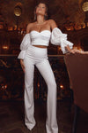 White Card Shoulder Baller Sleeves Crop Top And High Waist Flare Trousers Two Piece Set