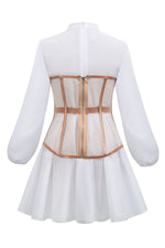 White Chiffon Two Piece Suit Waist Puff Sleeve Dress - Chicida