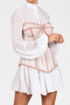 White Chiffon Two Piece Suit Waist Puff Sleeve Dress - Chicida