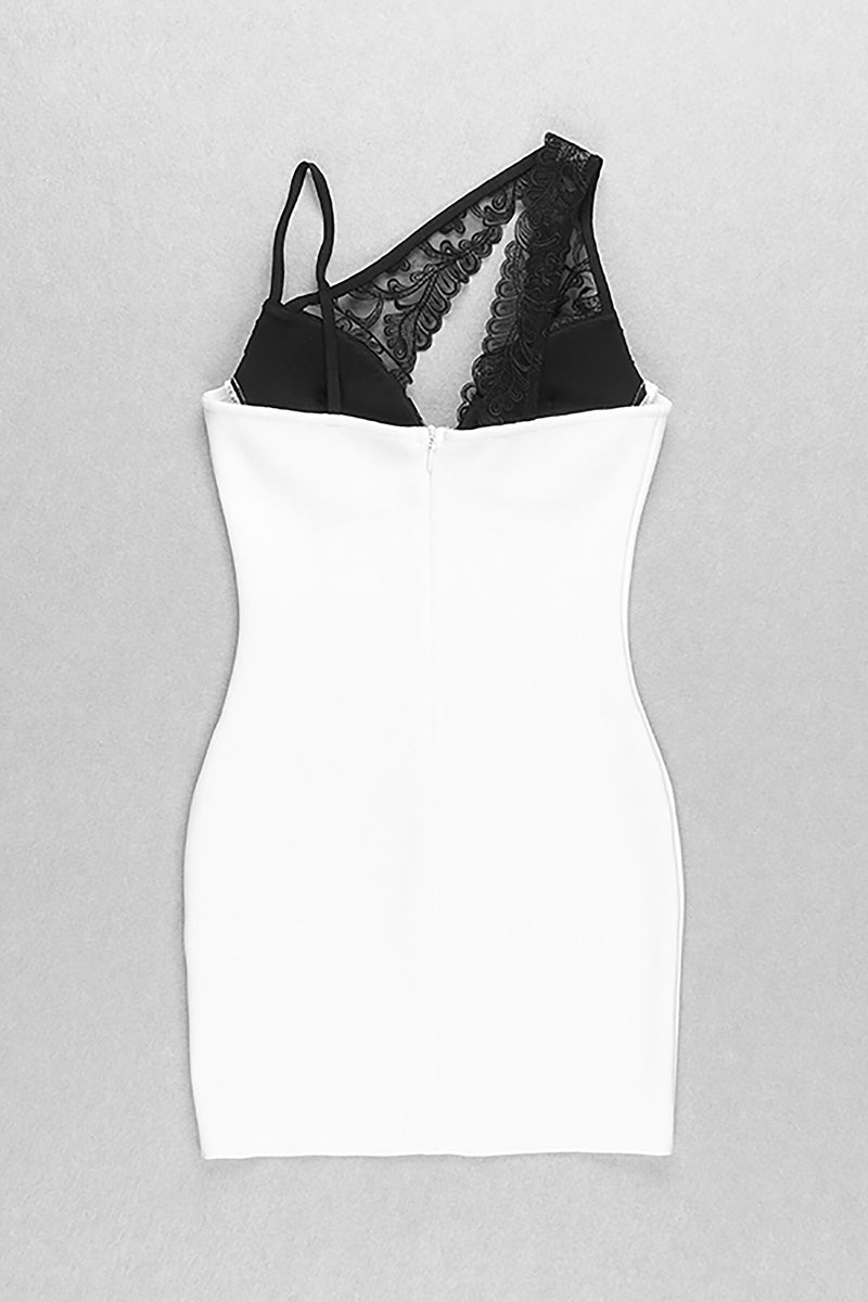 Diagonal Collar Straps Lace Patchwork Bandage Dress In White Black