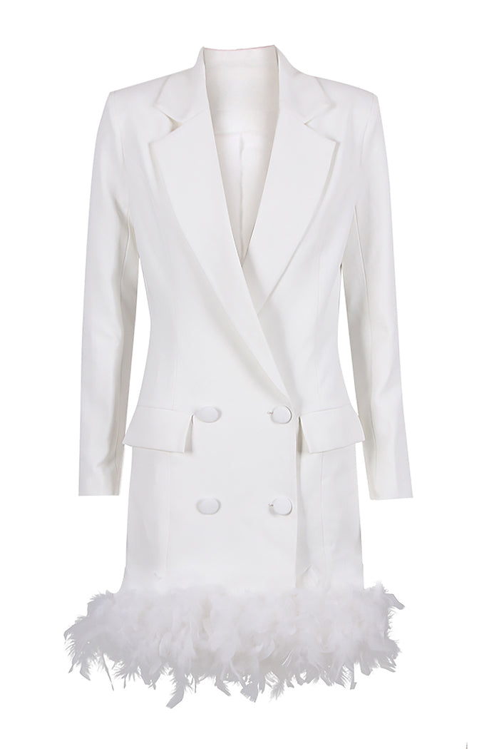 Robe blazer croisée à col en V et bordure en plumes