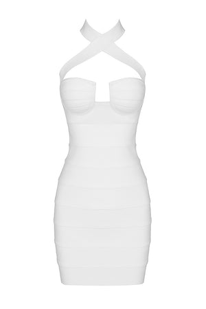 White/Black Halter Criss Cross Mini Bandage Dress - Chicida