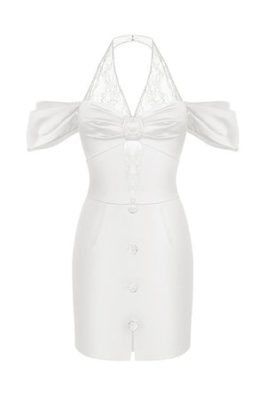 Lace Halter Off the Shoulder Slit Mini Dress In Black Mint White - Chicida
