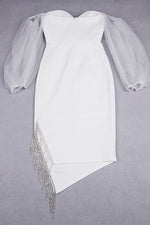White Off Shoulder Puff Sleeves Crystal Tassel Bandage Dress