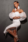 White Off Shoulder Puff Sleeves Crystal Tassel Bandage Dress