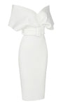 White Off Shoulder V Neck With Belt Bodycon Dress - Chicida