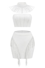 White Off the Shoulder Crop Top Beaded Tassel Skirt