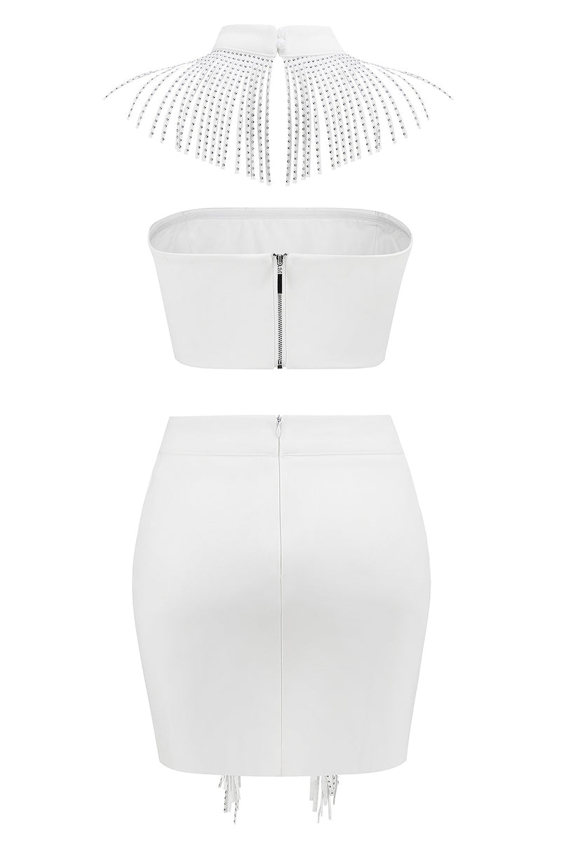 White Off the Shoulder Crop Top Beaded Tassel Skirt
