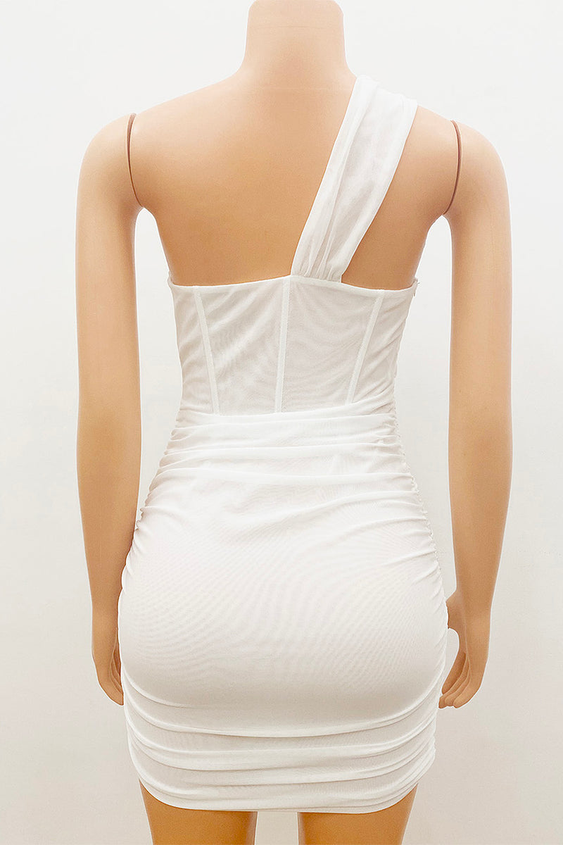 White One-Shoulder Mesh Pleated Mini Dress - Chicida