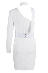 One Shoulder Long Sleeve Crystal Belt Mini Bandage Dress In Black White - Chicida