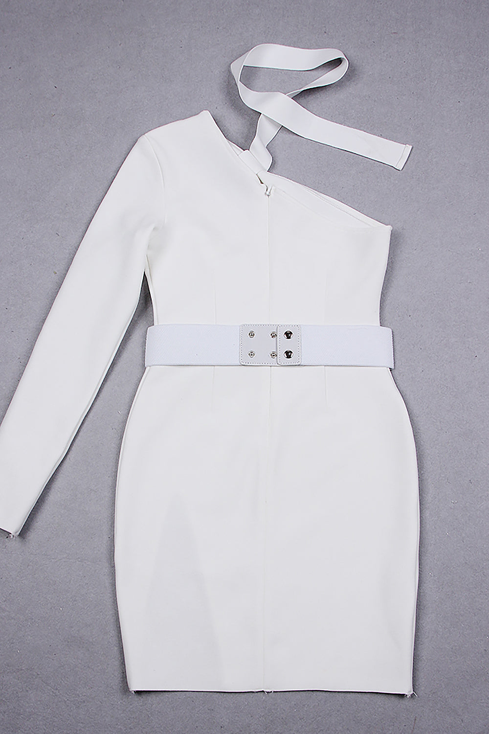 One Shoulder Long Sleeve Crystal Belt Mini Bandage Dress In Black White - Chicida