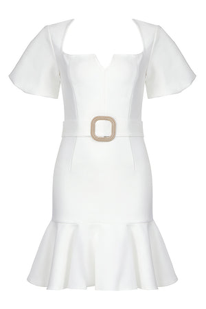 White Puff Cap Sleeve Ruffle Hem Bandage Dress - Chicida