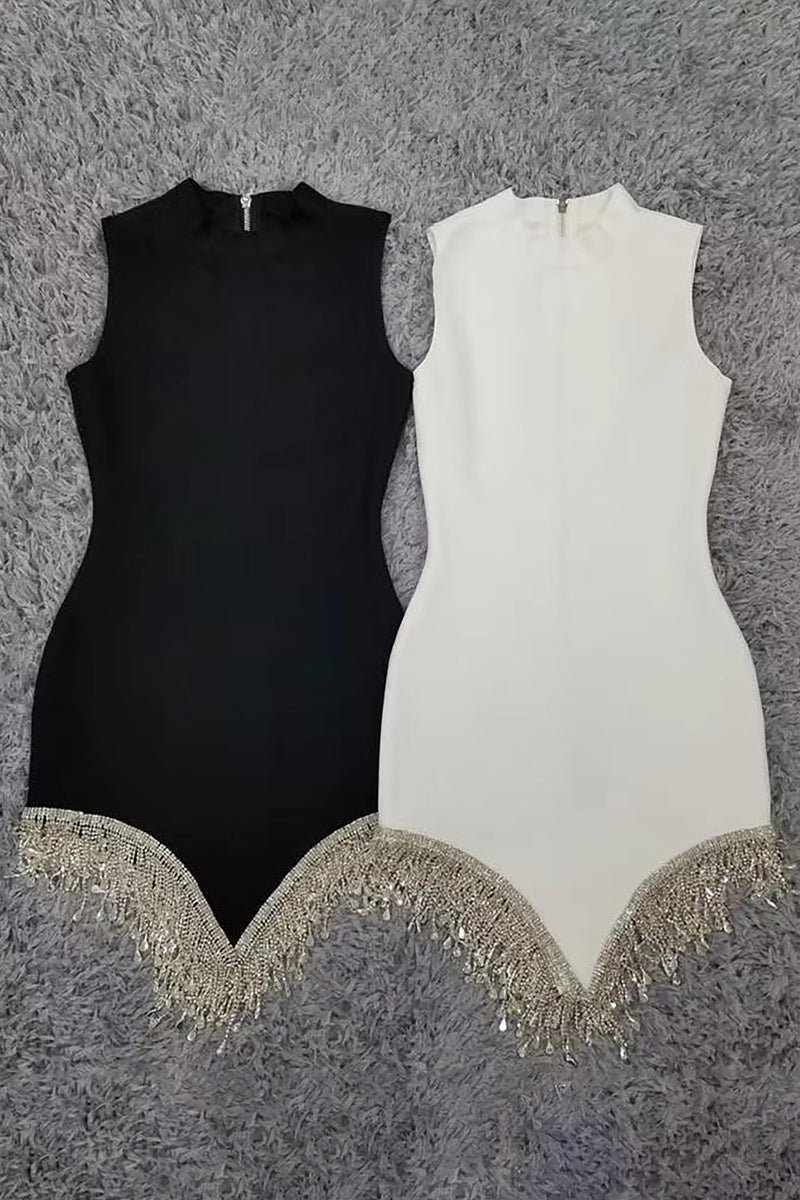 Black O-Neck Diamond Tassel Mini Bandage Dress - Chicida