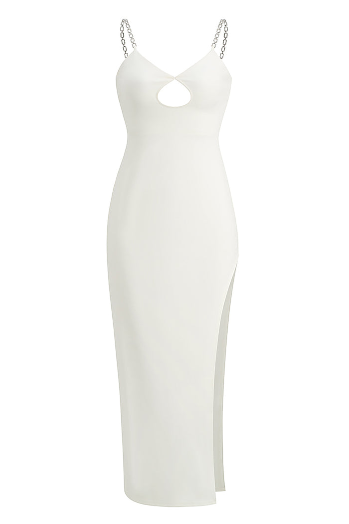 White Spaghetti Strap Diamonds With Slit Midi Dress - Chicida