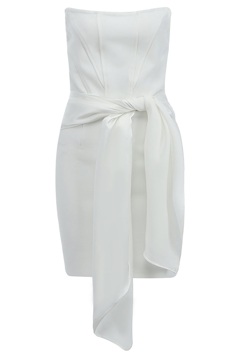 White Strapless Belt Mini Bandage Dress - Chicida