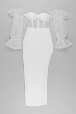 Strapless Mesh Shiny Long Sleeve Maxi Bandage Dress In Black White Lavender Beige