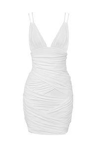 Strappy Deep V Ruched Mesh Mini Dress In White Black