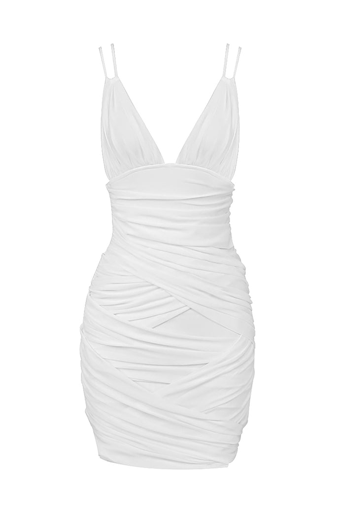 Deep V Ruched Mesh Mini Dress