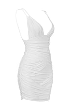 Strappy Deep V Ruched Mesh Mini Dress In White Black