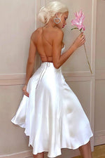 White Strappy Halter Lace-up Split Dress - Chicida