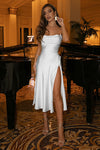White Strappy Halter Lace-up Split Dress - Chicida