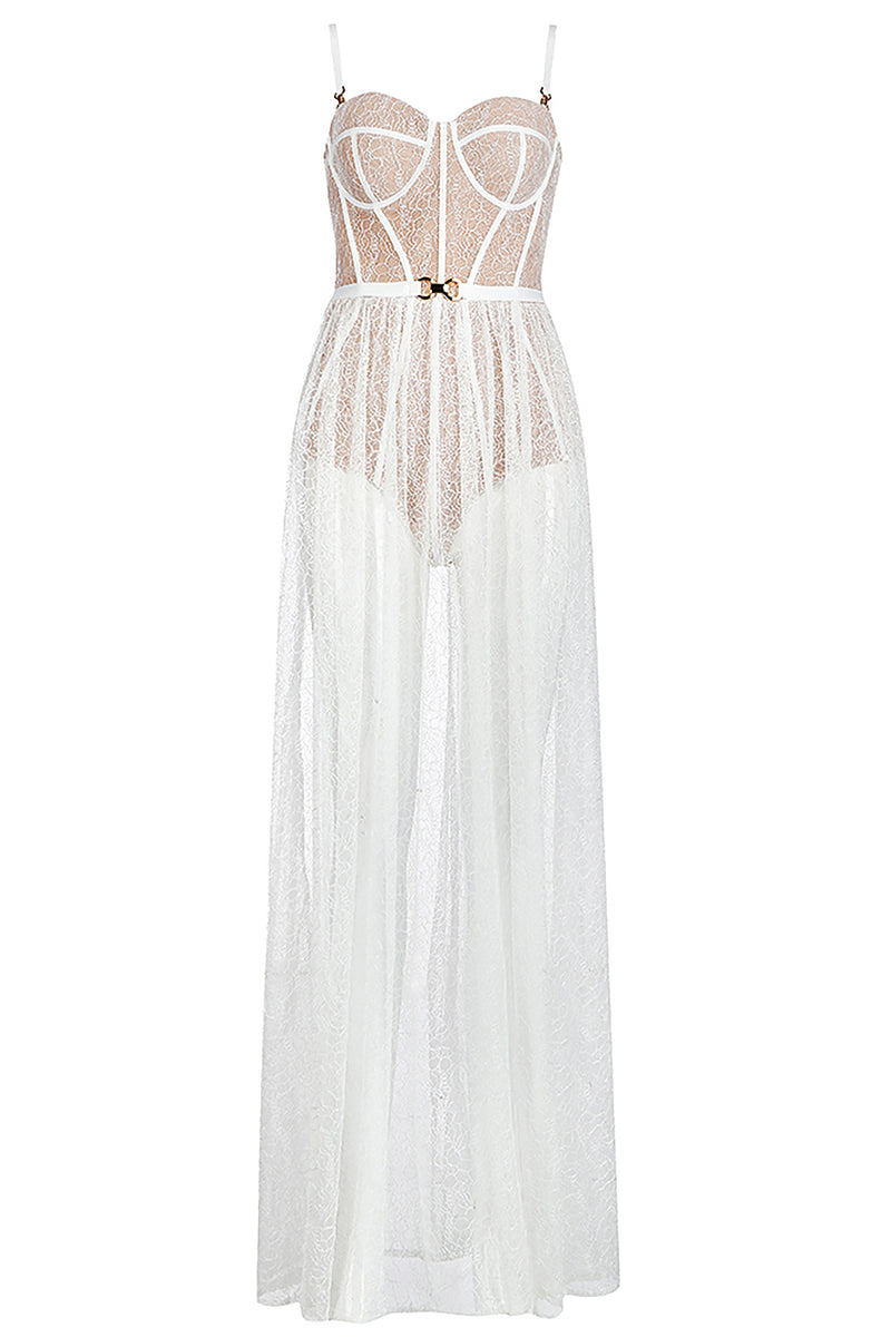 White Strappy Lace Stitching Belt Bandage Slits Maxi Dress - Chicida