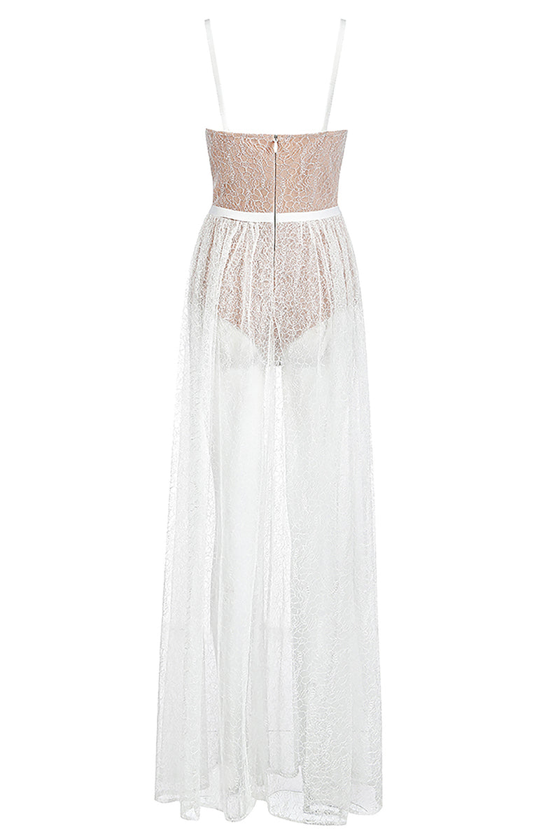 White Strappy Lace Stitching Belt Bandage Slits Maxi Dress