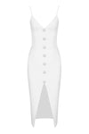 White Strappy V Neck Button Crystal Slits Bandage Dress