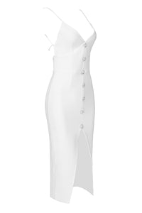 Vestido blanco con tiras y cuello en V con botones y aberturas de cristal