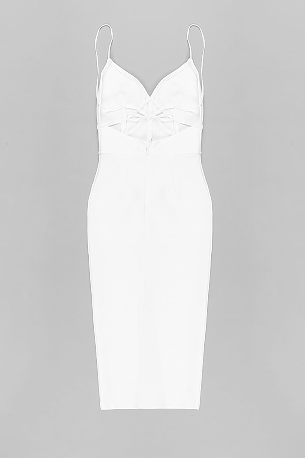 Vestido blanco con tiras y cuello en V con botones y aberturas de cristal