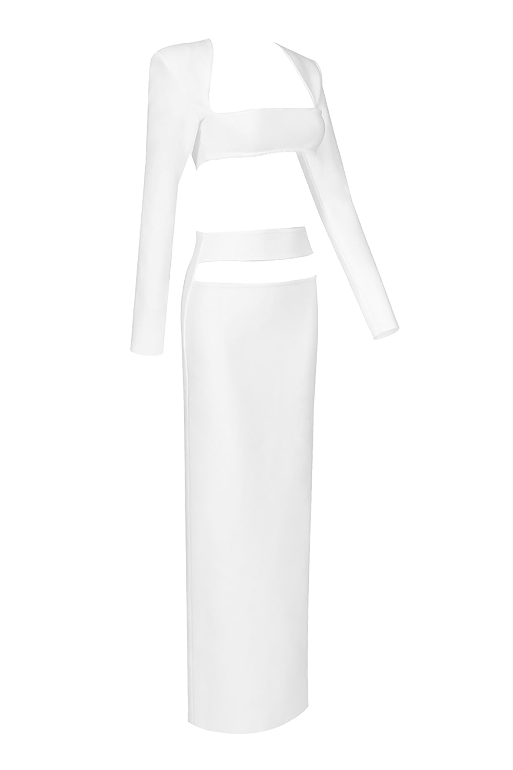 Conjunto de vendaje de dos piezas blanco Faldas largas de cintura alta con ombligo recortado de manga larga