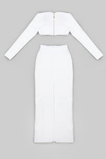 White Two Piece Bandage Set Long Sleeve Cropped Navel Short Top High Waist Long Skirts