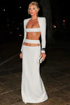 White Two Piece Bandage Set Long Sleeve Cropped Navel Short Top High Waist Long Skirts
