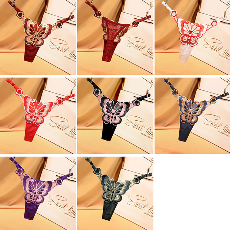 Women Butterfly Embroidery Mesh Thongs Adjustable G-Strings