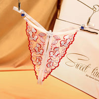 Women Lace Mesh Open Thongs Delux Embroidery Adjustable Panties