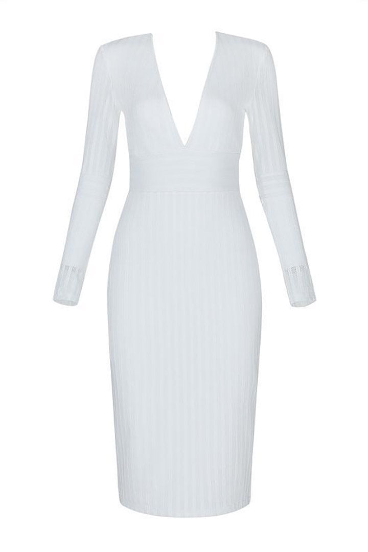 White Deep V Long Sleeve Bandage Dress - CHICIDA