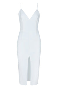 White Strappy Deep V Midi Bandage dress - CHICIDA